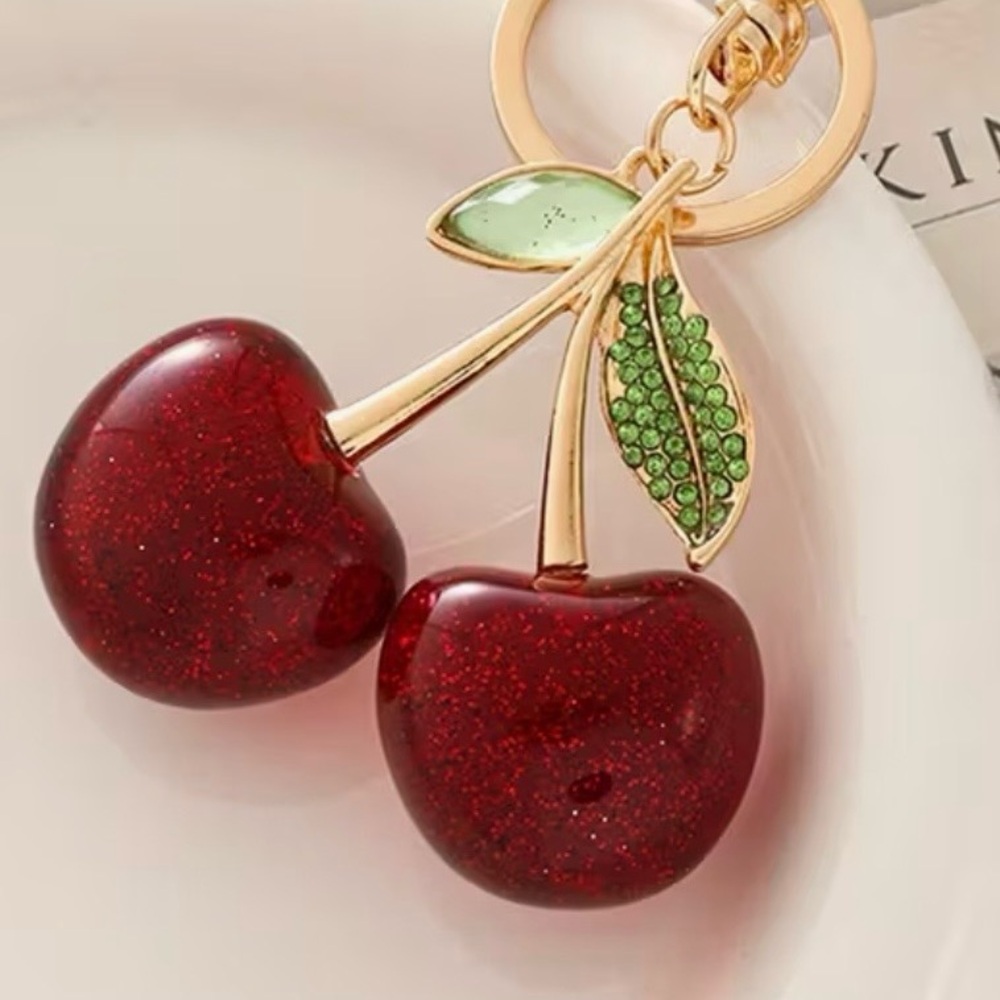 Cherry Keychain with Green Leaves & Gold - Red Accents - Picture 5 of 5